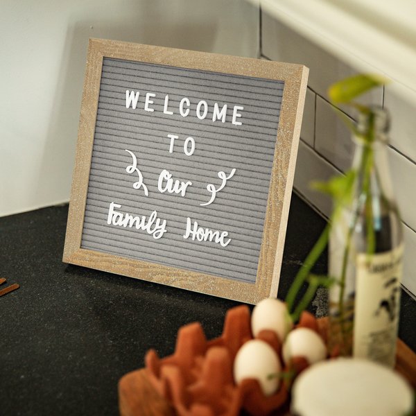 HBCY Creations 10"x10" Felt Letter Board - Solid Wood Frame - Weathered Wood - Gray Felt - 389 PP Letters Including Numbers, Symbols, Icons - Canvas Carrying Case