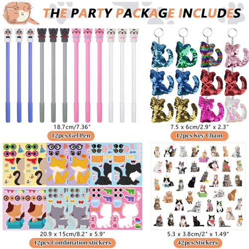 139PCS Cat Party Favors - 12 Cat Stickers 12 Slap Bracelets 12 Cat Ears Headband 12 Cat Animal Mini Notepad 12 Cat Face Pen 12 Cat Keychain 12 Cat Favor Bag 42 cat stickers for Cat Party Supplies