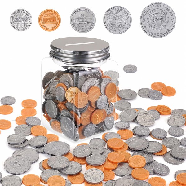Mczxon Play Money Coins for Kids, 250pcs Detailed Fake Money Coins with Coin Jar, Realistic Teaching Pretend Fake Money Coins Set, Plastic Toy Prop Fake Money Coins for Kids Learning Education