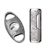 CIGARLOONG Cigar Cutter and Lighter Set Sharpening Blade Engraved Cigar Guillotine and Retro Carved Lighter(Color:Silver)