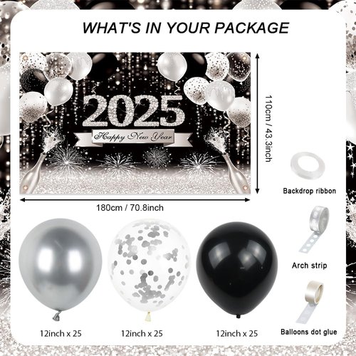 AIBIIN 79pcs 2025 Happy New Year Decorations Kit New Years Eve Party Supplies Black and Silver 2025 New Year Backdrop Banner Party Decorations for Happy New Year Party Decoration