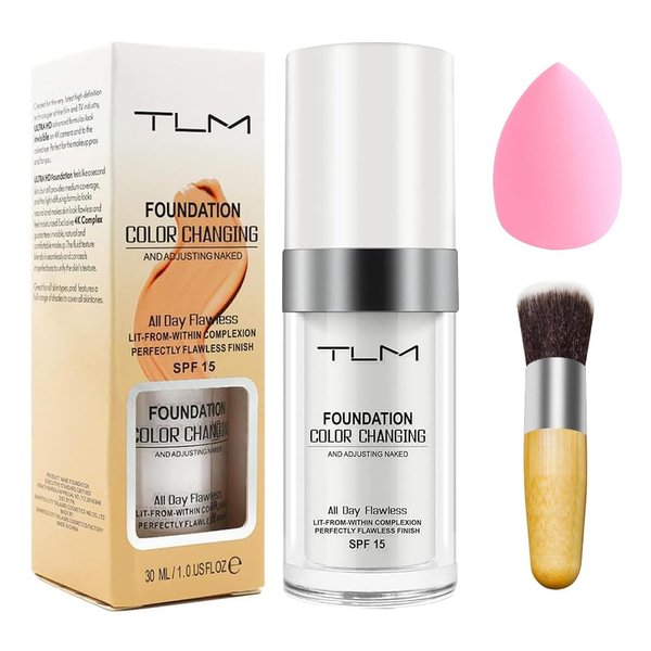 TLM Color Changing Foundation Liquid Flawless Full Coverage Natural Color Face Primer Base Makeup,Colour Changing Foundation, Hydrating Waterproof and Light Long Lasting Foundation 30ml