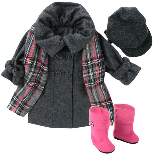 Sophia's 4 Piece Winter Pea Coat, Scarf, Hat and Boots Set for 18'' Dolls, Gray/Pink
