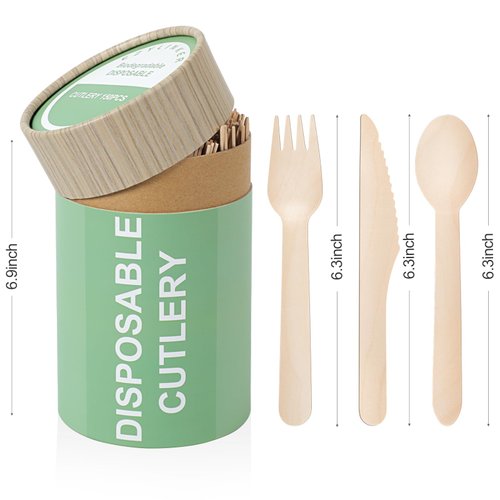 (150 Pcs) Special Edition Compostable Cutlery Set - Disposable Wooden Cutlery Set - Alternative to Plastic, Eco Friendly, Biodegradable, 50 Each Wooden Spoons, Knives, Forks Disposable Utensils Set