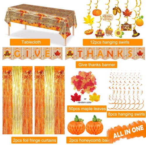 YJDFWAUT Thanksgiving Party Decorations Supplies, Thanksgiving Banner Hanging Swirls for Autumn Holiday, Turkey Autumn Hanging Decorations, Thanksgiving Foil Fringe Curtain Balloon Garland