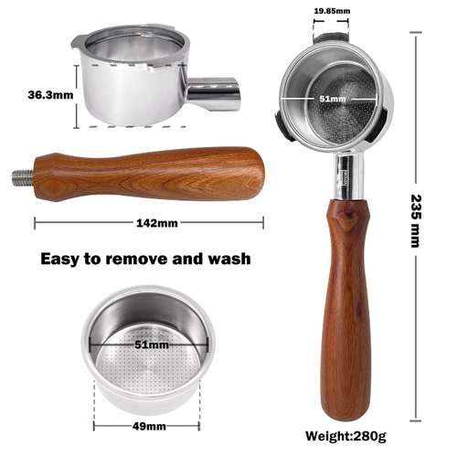 NEOUZA 51mm Bottomless Portafilter Compatible with Gevi,Yabano,Hamiltion Beach,Farberware,Oster Nova PrimaLatte Espresso Machines with Stainless Steel Filter Basket Wooden Handle