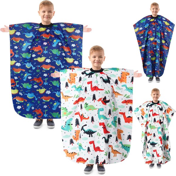Ramede 2 Pieces Kids Barber Cape with Cartoon Patterns 55 x 40 Inches Hair Cutting Cape Hair Cut Apron Cape with Adjustable Closure Hair Styling Salon Haircutting Cover for Child, Dinosaur Style