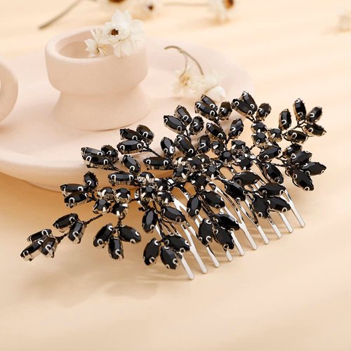 Teyglen Black Rhinestone Wedding Hair Comb Bridal Black Crystal Hair Comb Wedding Hair Accessories for Bride Black Rhinestone Headpiece Hair Piece for Women Girls(Black)