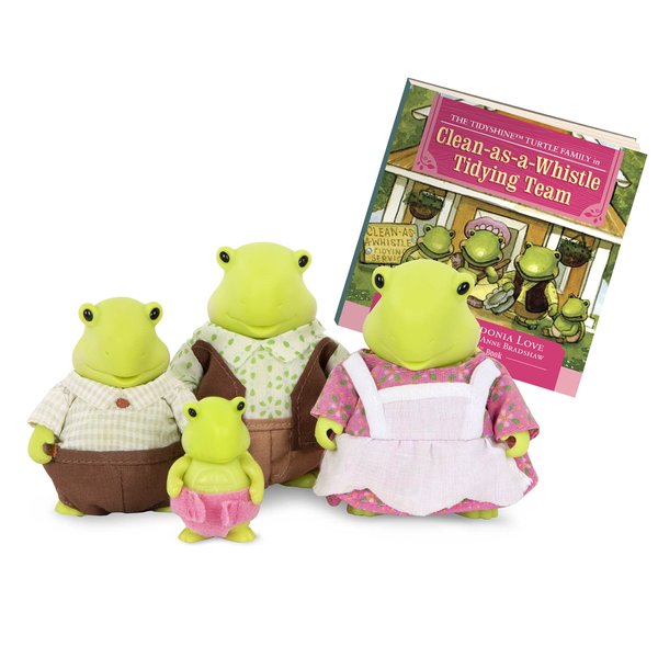 Li'l Woodzeez – The Tidyshine Turtle Family Set – 4 Collectible Doll Figures with Storybook – Pretend Play Toy – Gift for Kids Age 3+