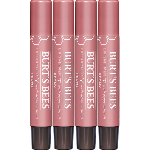 Burt's Bees Shimmer Lip Tint Easter Basket Stuffers, Shimmering Lip Oil Stick, Moisturizing for All Day Hydration with Natural Glowy Pigmented Finish & Buildable Color, Peony (4-Pack)