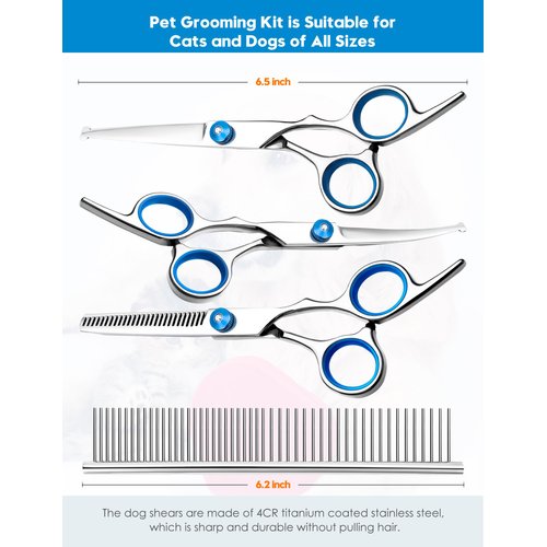 SUMFREY Dog Grooming Scissors with Safety Round Tips，Professional 5 in 1 Dog Grooming Kit ，Dog Scissors for Grooming Sharp and Durable