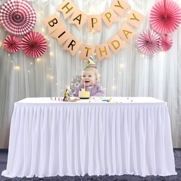 White Table Skirts for Rectangle Tables 6ft Polyester Pleated Table Skirt Ruffle Tablecloth for Wedding Birthday Party Baby Shower Bridal Shower Banquet Table Decorations