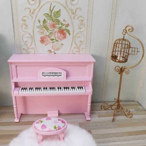 Dollhouse Grand Piano Model with Stool 1:12 Scale Miniature Musical Instrument Desk Ornaments Gift Wooden Elegant Mini House Decoration Artificial House Furniture Accessories (Pink)