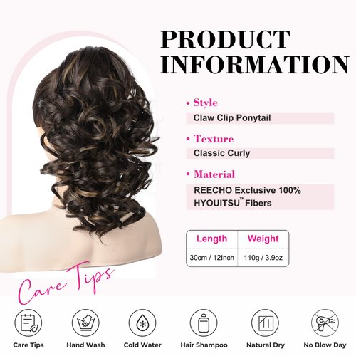 REECHO 12" Ponytail Extension, Classic Loose Curly Wavy Claw Clip Pony tails Hair Extensions Hairpieces for Women (Dark Brown with Highlights)