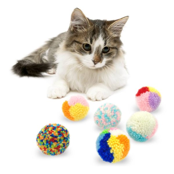 Andiker 6 Pcs Assorted Color Cat Ball Toys, Woolen Yarn Puffs Cat Pom Pom Balls Interactive Kitten Chasing Toys