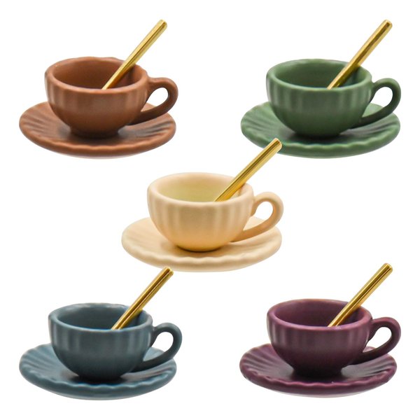 5 Set Dollhouse Miniature Coffee Cups 1:12 Miniature Dollhouse Accessories 15 Pieces Mini Coffee Cup Mini Plate Mini Spoon for Mini Kitchen Accessories