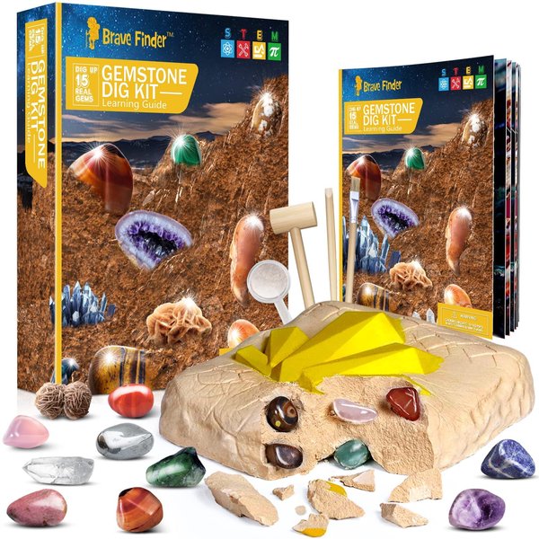 CAPKIT Gemstone Gem Dig Kit, STEM Educational DIY Toys Science Kit- Dig Up 15 Unique Real Gemstone, Rocks, Mining Unique Gifts, Archaeology- Best Gifts for Boys Girls Kid Toys