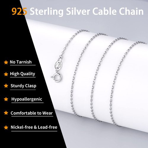 Jewlpire Solid 925 Sterling Silver Chain Necklace for Women Girls, 1.3mm Cable Chain Silver Chain for Women Sturdy & Shiny Women's Chain Necklaces, 18 Inch