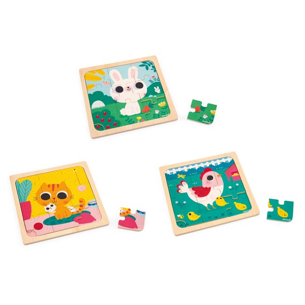 Janod Janod-3x 9-Piece Wooden Puzzles-Hen, Cat & Rabbit-Children’s Toy-Early-Years Educational Game-18 Months +, J07113, Multicolor