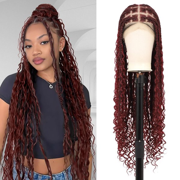 Fecihor 360° HD Full Lace Boho Knotless Braided Wigs for Women Box Braid Wig with Baby Hair Human Hair Blended Natural Looking Burgundy Braided Lace Front Wigs 36 Inch