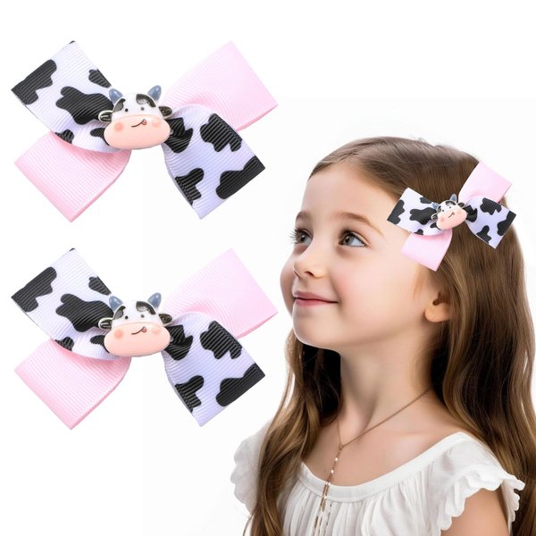 Vsdski Cow Print Hair Bow Clips for Girls Cute Moo Cow Bows Hair Accessories Pink Grosgrain Ribbon Hair Barrettes Non slip Alligator Clips for Toddler Birthday Back to School Party Decor Supplies 2PCS