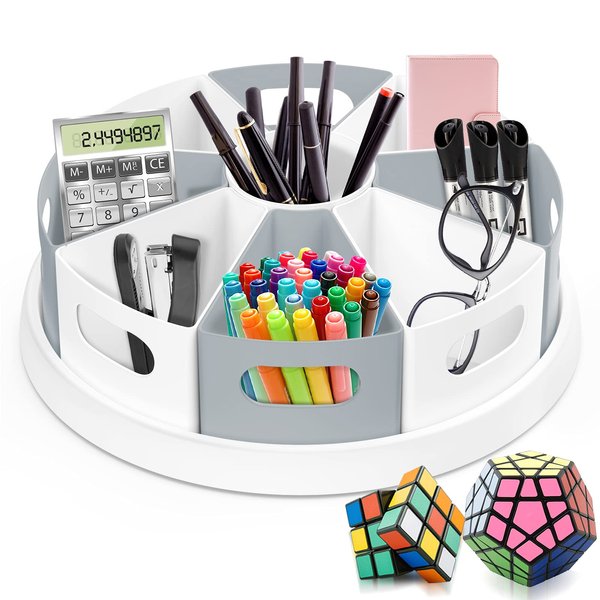 MeCids 360 Rotating Storage Organizer Desk Organizers Pen Holder– 12” Lazy Susan Style Caddy with Removable Bins, for Home Office Supplies, Art Supplies, Make-up & Kitchen Use, with Card & Gift Box