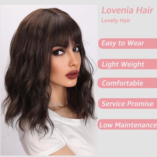 LOVENIA 14" Dark Brown Wig Short Wave Hair Wig for Women Bangs Wig for Beginners Synthetic Curly Wig Body Wave Hair Wig Chocolate Brown Wig Brunette Wig Synthetic Costume Wig(Dark Brown)