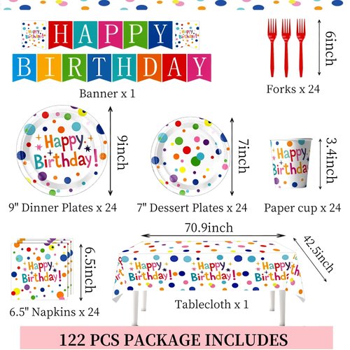 122 Pcs Birthday Plates and Napkins, Happy Birthday Decorations Party Supplies Sets with Colorful Birthday Dots Design Includes Plates and Napkins, Fork, Cup, Tablecloth, Banner for 24 Guests
