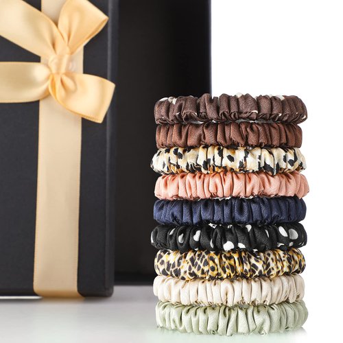 9 Pieces silk scrunchies Silk Hair Ties Skinny Hair Scrunchies Pure Silk Ponytail Holder Elastic Hair Bands Hair Accessories for Women Girls (Dark Colors,Vivid Style)