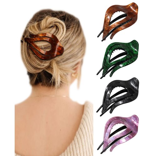 French Concord Curved Hair Clips - 4Pcs Acrylic Hair Claw Clips for Women Thick Hair Flat Hair Clips Strong Hold Claw Clips (Medium, Marbling(Purple/Coffee/Grey/Green))