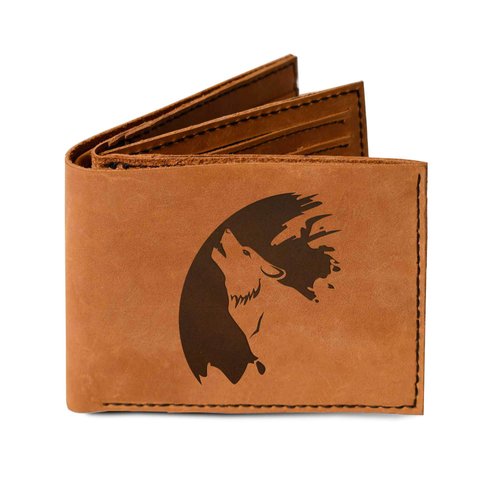 Men's Wolf Howling At The Moon Handmade Genuine Leather Trifold Wallet MHLT_05
