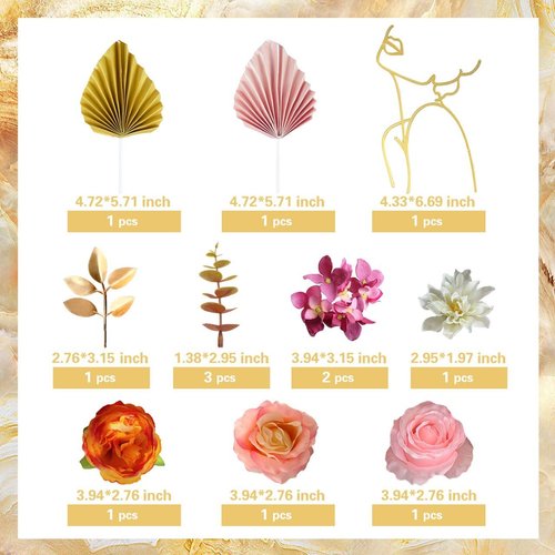 UFROMSKY Flower Boho Cake Toppers Butterfly Cake Décor Acrylic Minimalist Art Lady Face Cake Toppers with Palm Leaves Artificial Vintage Purple Pink Flowers for Women Birthday Wedding Party Supplies