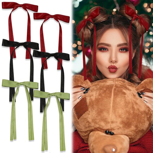 FULZTEY Hair Bows for Women Girls Tassel Ribbon Bowknot Hair Clips with Long Tail Solid Satin Bow Clips Kawaii French Barrettes Hairclips for Long Hair Accessories 6Pcs (Red Black Green)
