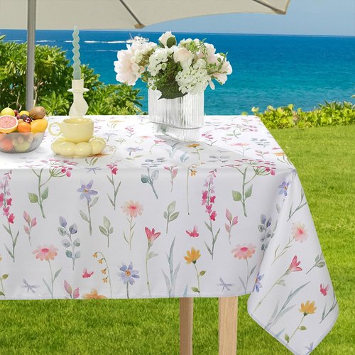 Spring Summer Outdoor Tablecloths With Umbrella Hole,Zipper Rectangle 60x84 Inch, Washable Reusable Watercolor Floral Table Cloth, Spill Proof Pastel Flower Fabric Table Cover For Picnic Party Patio
