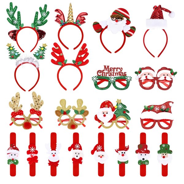 20 Pcs Glitter Christmas Glasses Frames, Christmas Headbands and Christmas Slap Bracelets Set for Christmas Party Favors, Santa Claus Reindeer Unicorns Iso-element Christmas Decorations Accessories