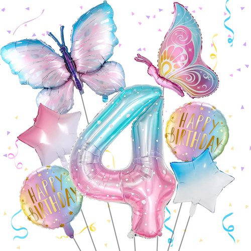 Butterfly Balloons 4th Birthday Decorations for Girls, Gradient Pink Colorful Butterfly Foil Balloon, Giant Number 4 Foil Mylar Balloon, 4 Years Old Butterfly Theme Birthday Party Supplies Decor