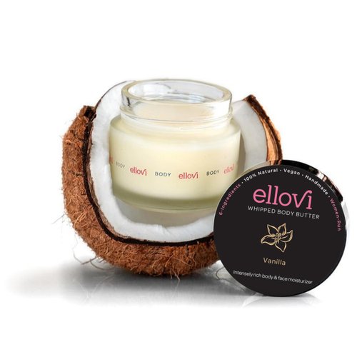Ellovi All-Natural Luxuriously Whipped Body Butter - Vanilla - Pure Enough to Eat - Made With Just 6 Vegan Ingredients - 100% Plant-Based Moisturizer For Naturally Healthy Skin (2 fl. oz/59ml)