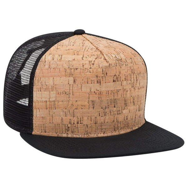 OTTO Cork Flat Visor SNAP 5 Panel Mesh Back Trucker Snapback Hat - Blk/Cork/Blk