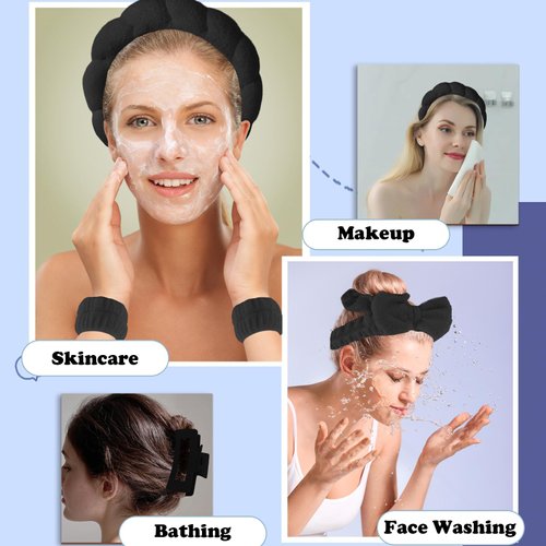 AUDTOPE 7Pcs Spa Headband and Wristband Set, Face Wash Headband Makeup Skincare Headband Wrist Bands Thick Puffy Sponge Bubble Headband Wrist Scrunchies Claw Clips for Washing Face, Black