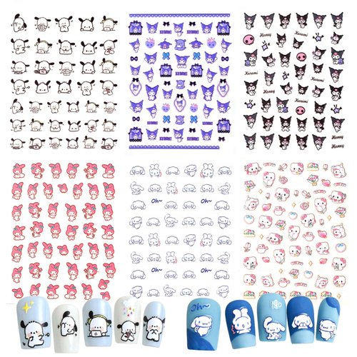 5D Kawaii Anime Nail Stickers, 6 Sheets Cute Cartoon Nail Decals for Nail Art Decoration, Perfect for Women and Girls, Pegatinas para Uñas