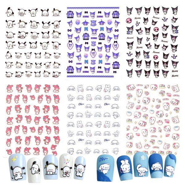 5D Kawaii Anime Nail Stickers, 6 Sheets Cute Cartoon Nail Decals for Nail Art Decoration, Perfect for Women and Girls, Pegatinas para Uñas