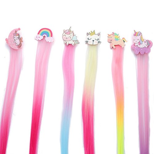 6Pcs Hair Clips for Girls, 15inches Unicorn Rainbow Clip in Hair Extensions, Straight Colored Hair Clips for Kids, Toddler Dress Up Hairpieces Hair Accessories, Wig Hair for Girls