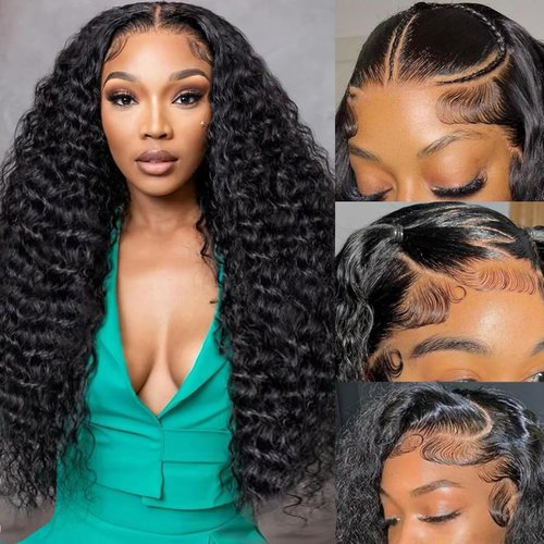 Cfaimity 13x6 Deep Wave Lace Front Wigs Human Hair 180% Density Deep Curly Frontal Wigs human hair For Wonen Glueless HD Lace Front Wigs human hair wig Pre Plucked with Baby Hair 24Inch