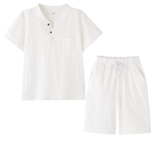 POBIDOBY Boy's T-shirt and Shorts Set Cotton Linen Summer Short Sleeve Children Two Pieces Clothing Pants Sets (White, 8)