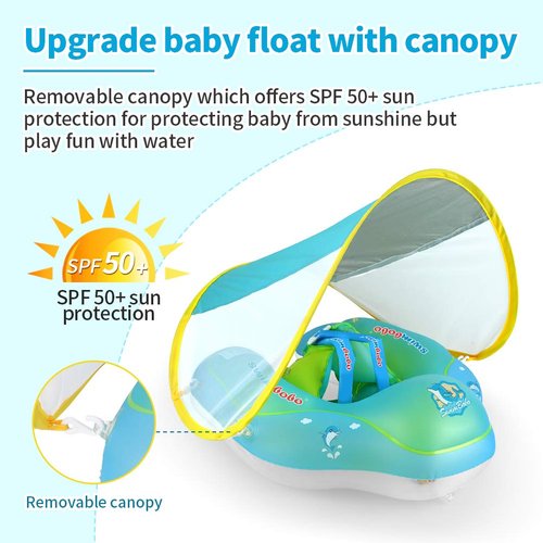 Swimbobo Baby Swimming Float Inflatable Infant Pool Float Ring with Sun Protection Removable Canopy for Kids Aged 3-36 Months Fun on The Water（Blue+Canopy,L）
