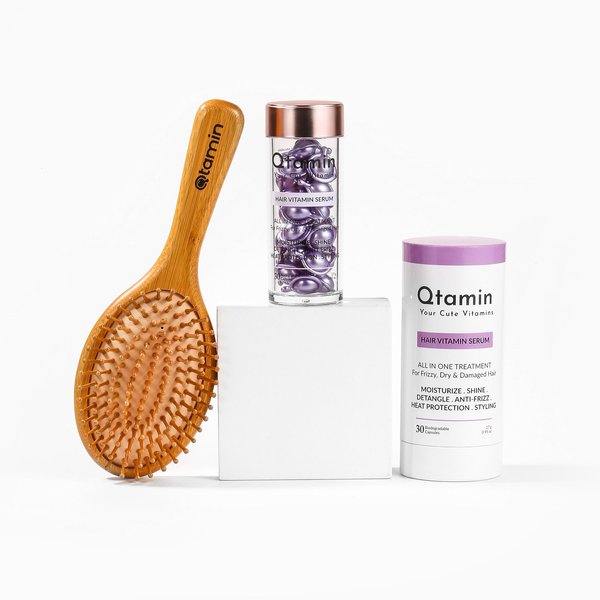 Qtamin All-in-One Hair Serum Capsule+ Bamboo Brush for Repair, Nourish & Tame! Keratin Treatment, Scalp Oil, Anti-Frizz, Heat Protectant, Growth Booster For Curly, Dry, Damaged & Frizzy Hair