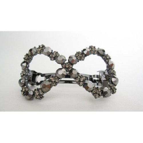Dark gray bow shaped crystal hair barrette clip for thicker hair