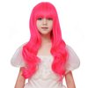 Edivd Rose Red Wig for Girls Kids Long Hot Pink Wig Neon Pink Wavy Curly Wig for Child Long Magenta Wig with Flat Bangs for Children Heat Resistant Synthetic Wig with Wig Cap