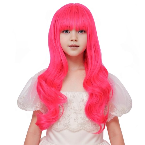 Edivd Rose Red Wig for Girls Kids Long Hot Pink Wig Neon Pink Wavy Curly Wig for Child Long Magenta Wig with Flat Bangs for Children Heat Resistant Synthetic Wig with Wig Cap