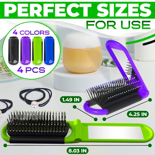 Foldable Hair Brush with Compact Mirror - Travel Brush for Thick Curly Hair, Hair Styling Tool for Women and Men